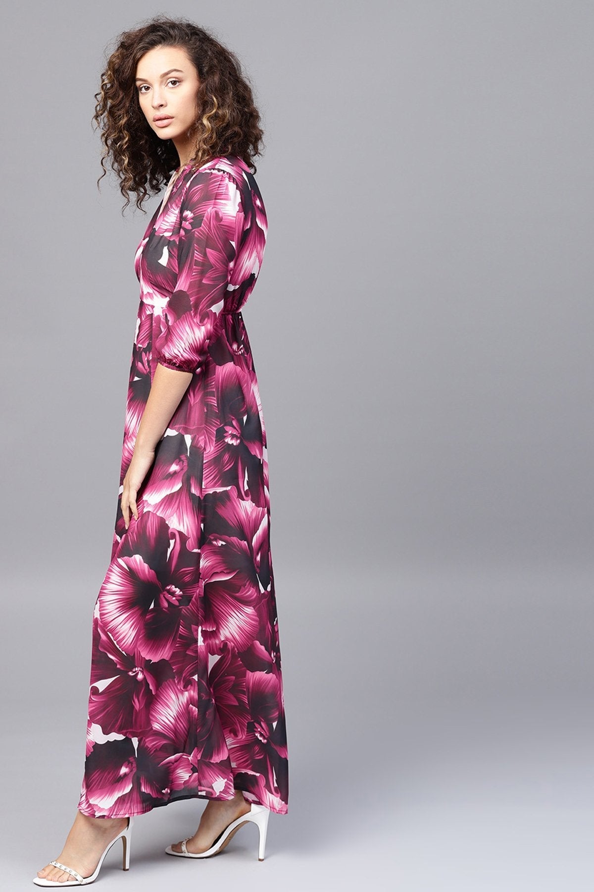 Women's Purple Floral V-Neck Maxi Dress