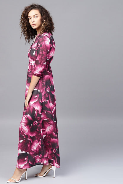 Women's Purple Floral V-Neck Maxi Dress