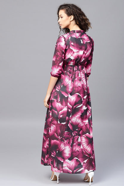 Women's Purple Floral V-Neck Maxi Dress