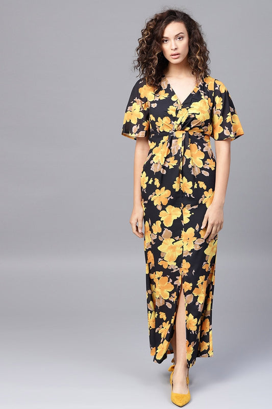 Women's Yellow Floral Flared Sleeve Pleated Maxi