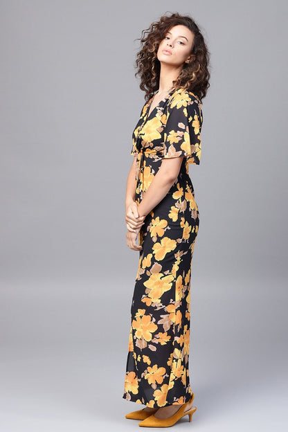 Women's Yellow Floral Flared Sleeve Pleated Maxi