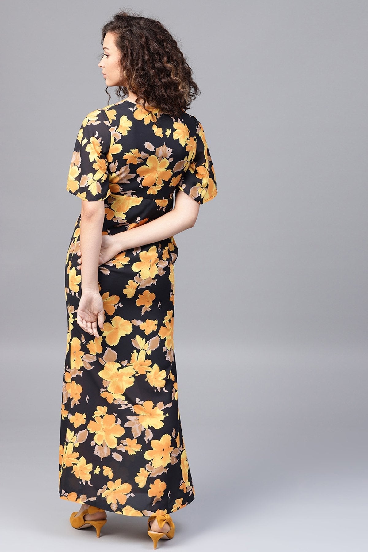 Women's Yellow Floral Flared Sleeve Pleated Maxi