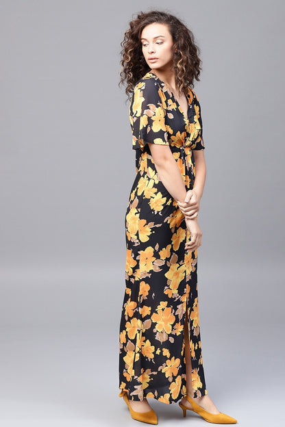 Women's Yellow Floral Flared Sleeve Pleated Maxi