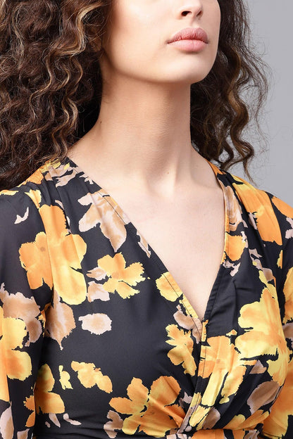 Women's Yellow Floral Flared Sleeve Pleated Maxi