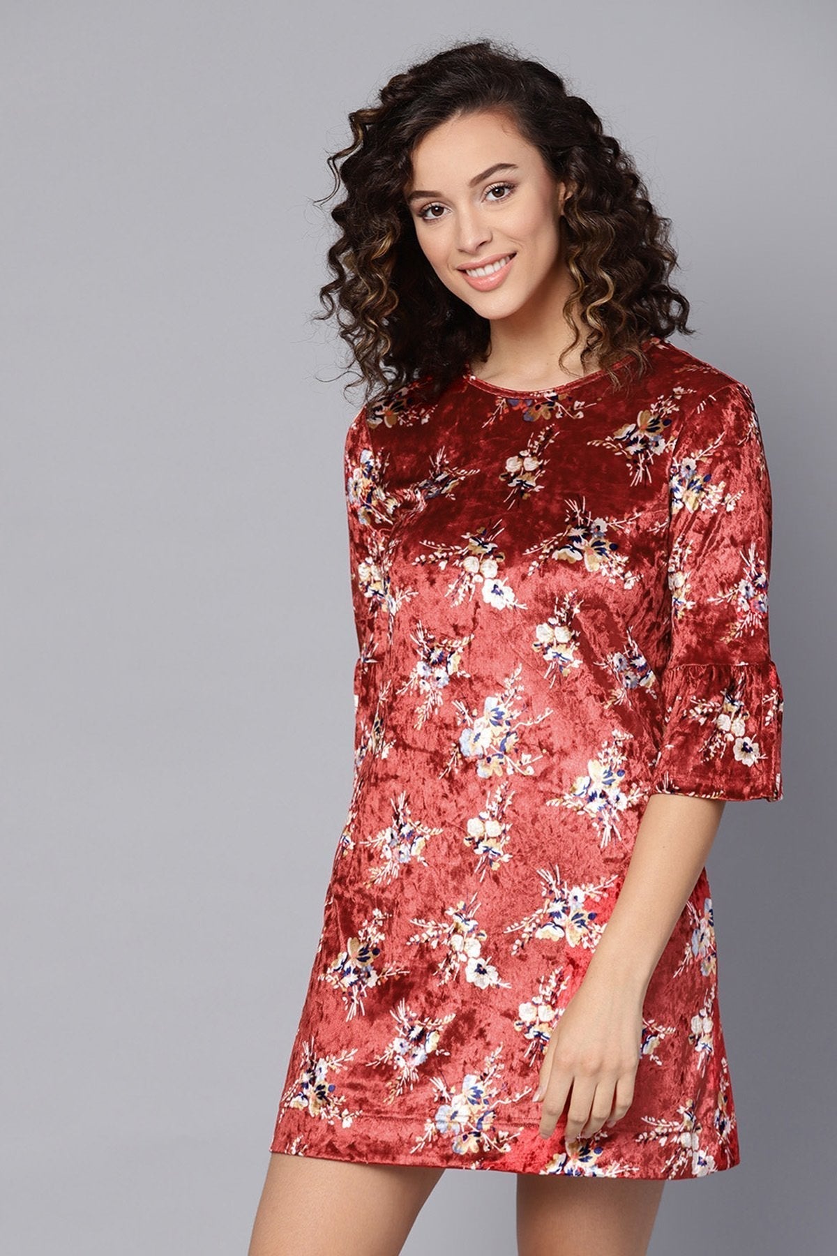 Women's Maroon Floral Bell Sleeves Velvet Dress