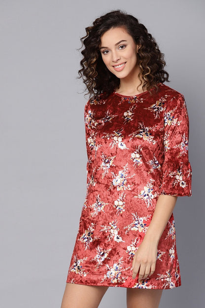 Women's Maroon Floral Bell Sleeves Velvet Dress