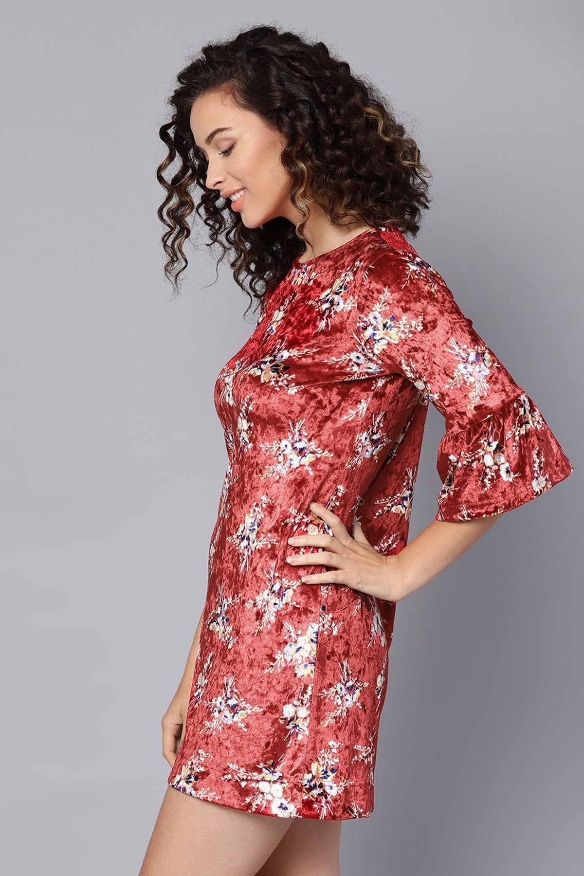 Women's Maroon Floral Bell Sleeves Velvet Dress