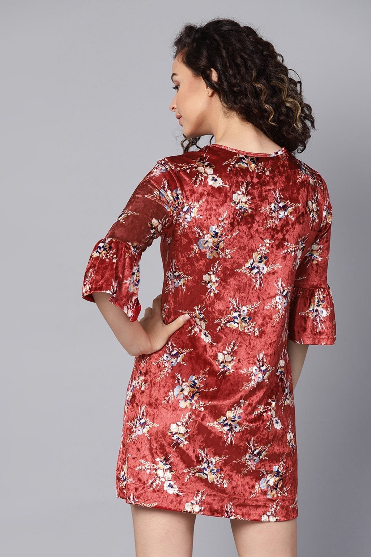 Women's Maroon Floral Bell Sleeves Velvet Dress