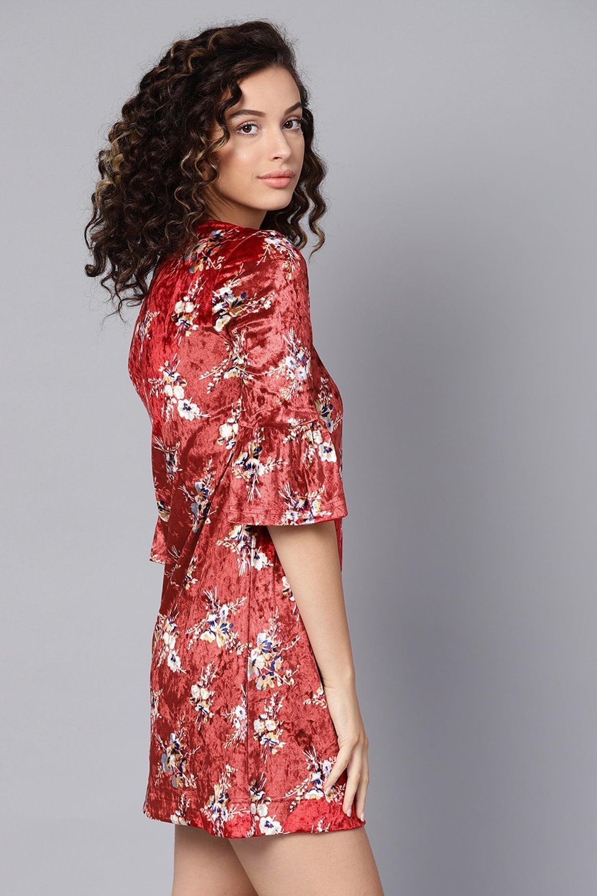 Women's Maroon Floral Bell Sleeves Velvet Dress