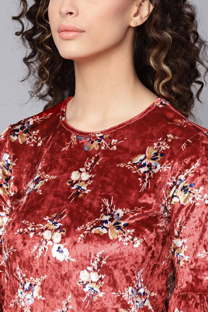 Women's Maroon Floral Bell Sleeves Velvet Dress