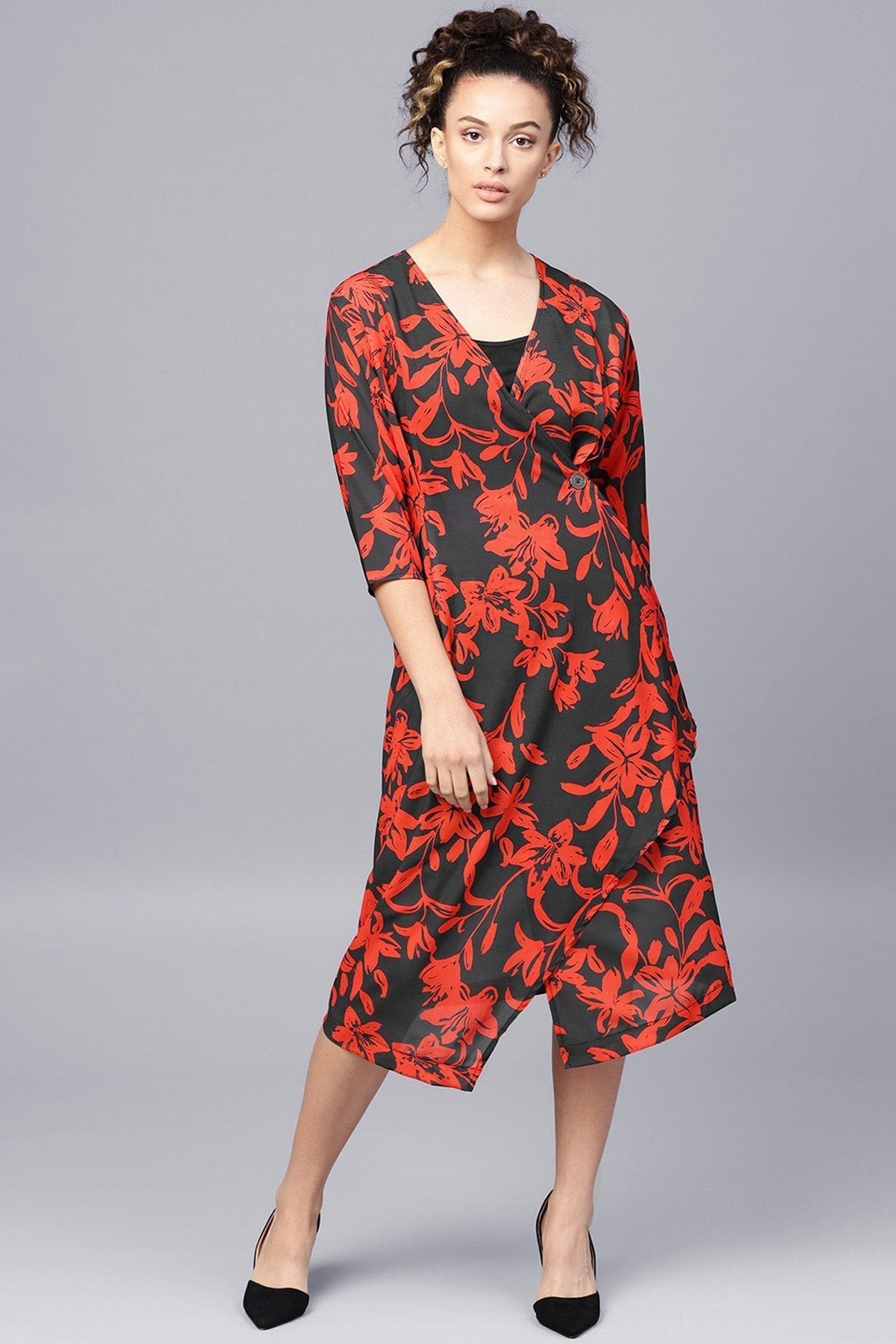Women's Red Floral Button Wrap Midi Dress