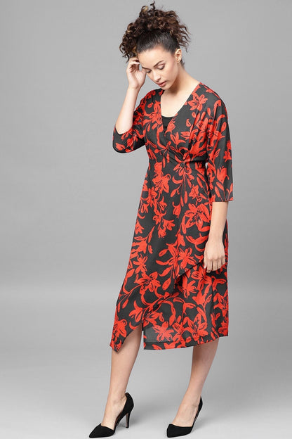 Women's Red Floral Button Wrap Midi Dress