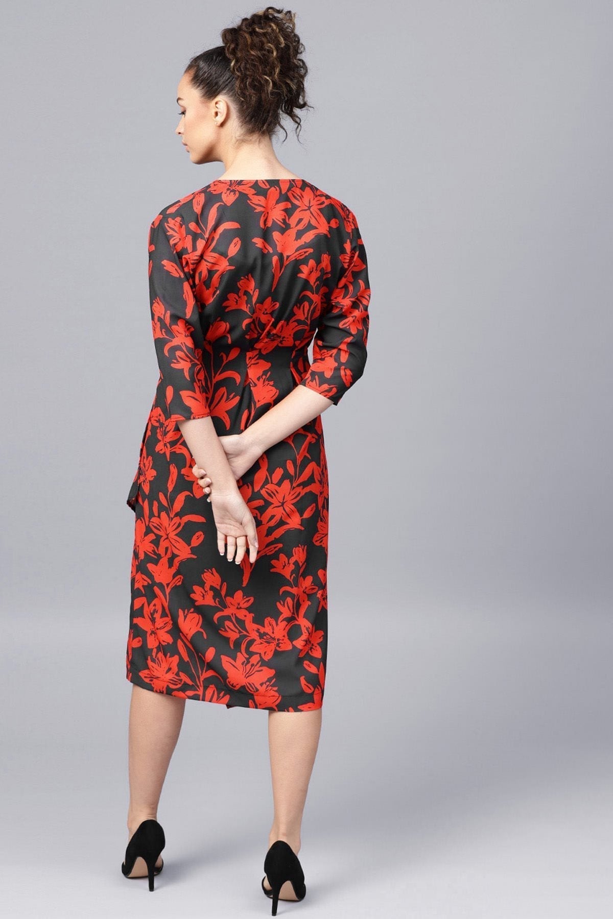 Women's Red Floral Button Wrap Midi Dress
