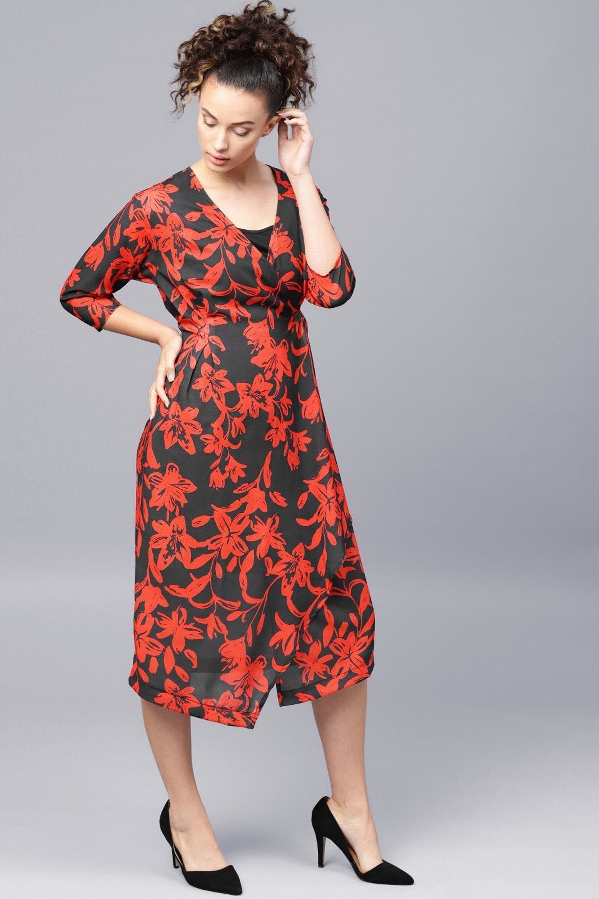 Women's Red Floral Button Wrap Midi Dress