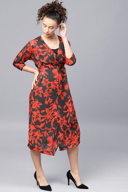 Women's Red Floral Button Wrap Midi Dress