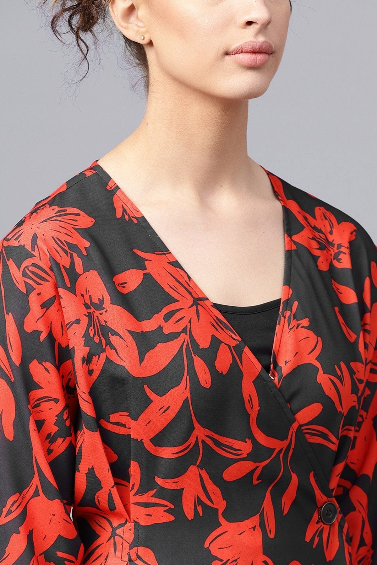 Women's Red Floral Button Wrap Midi Dress