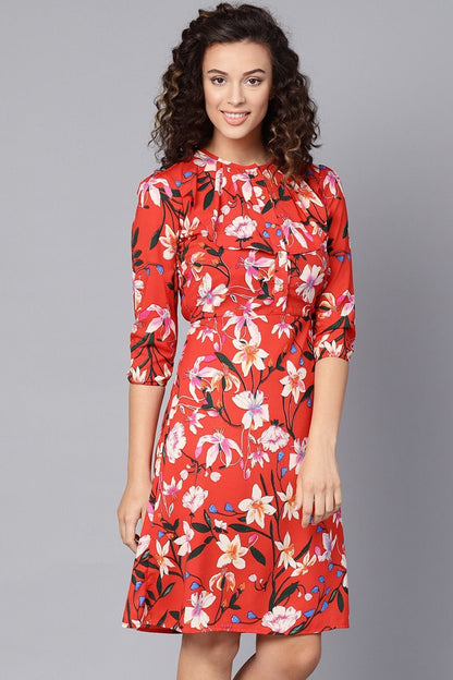 Women's Red Floral Midi Frill Neck Dress