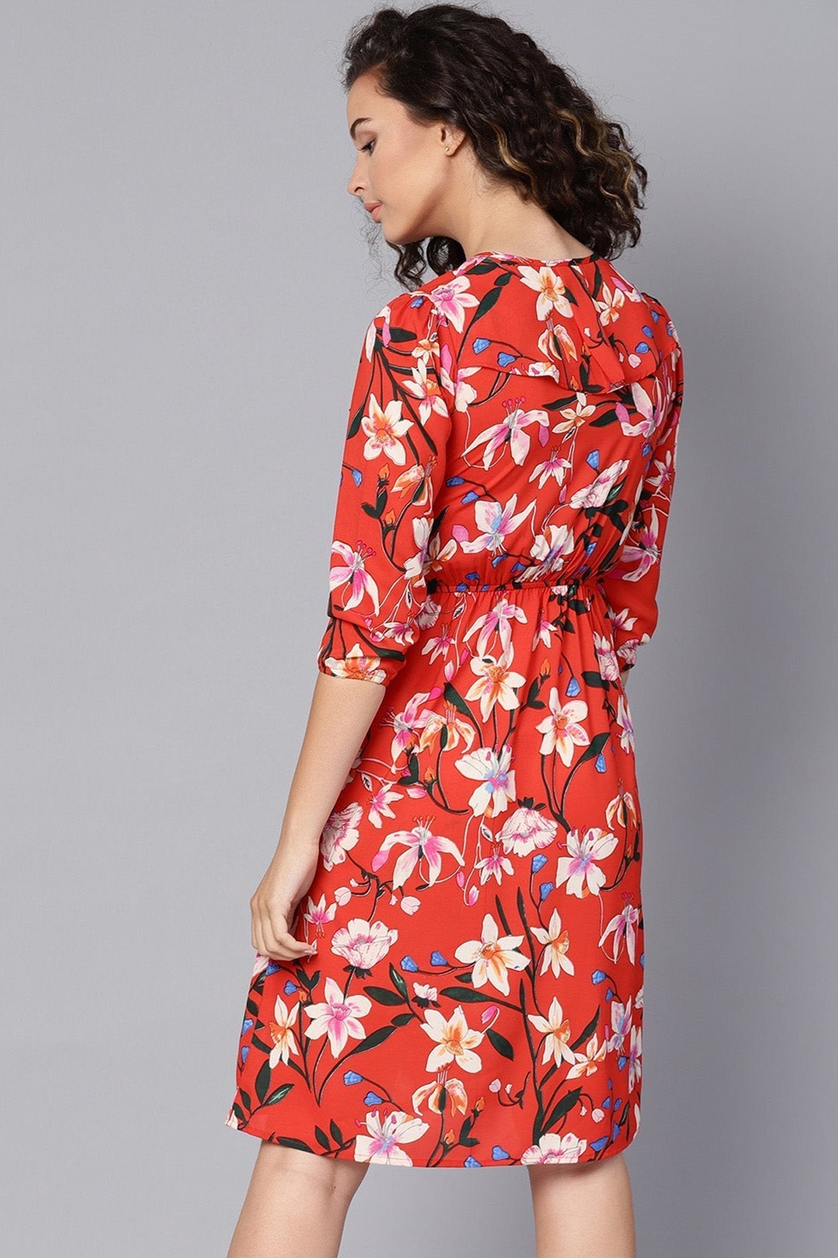 Women's Red Floral Midi Frill Neck Dress