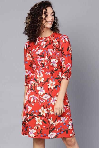 Women's Red Floral Midi Frill Neck Dress