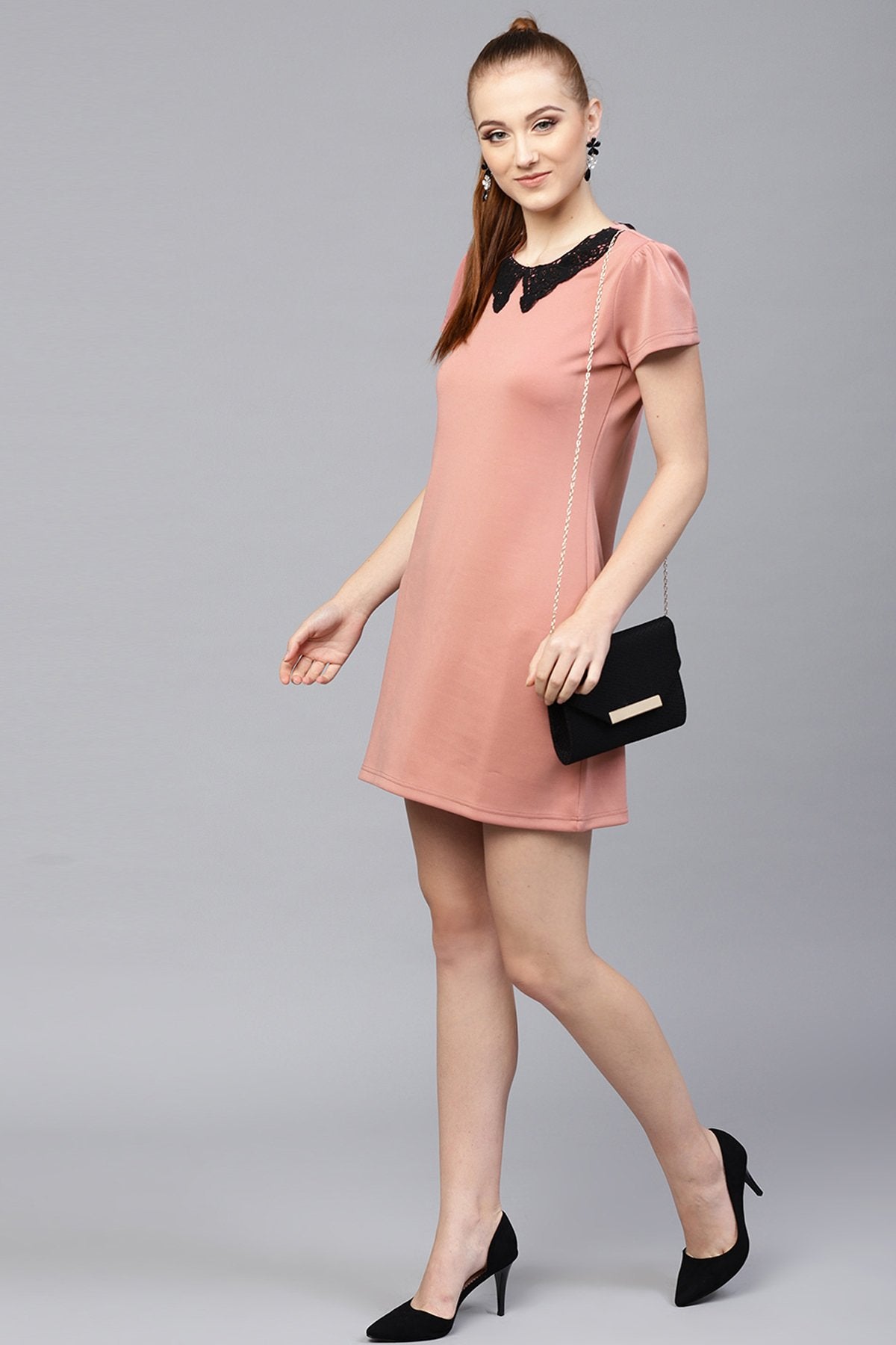 Women's Pink Scuba Lace Collar Shift Dress
