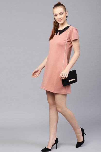 Women's Pink Scuba Lace Collar Shift Dress