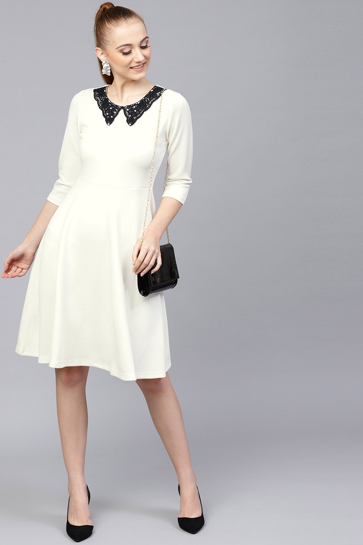 Women's Off White Scuba Lace Collar Midi Dress