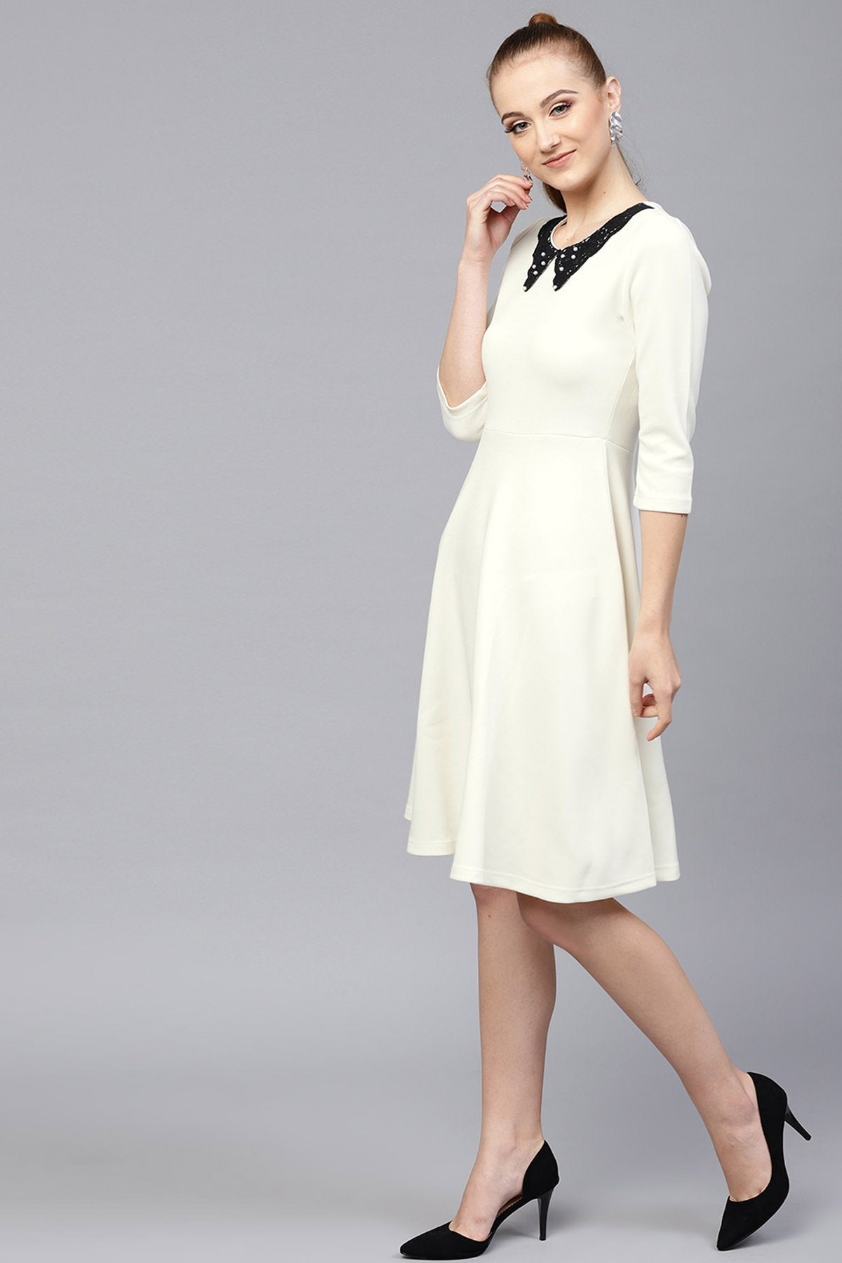 Women's Off White Scuba Lace Collar Midi Dress