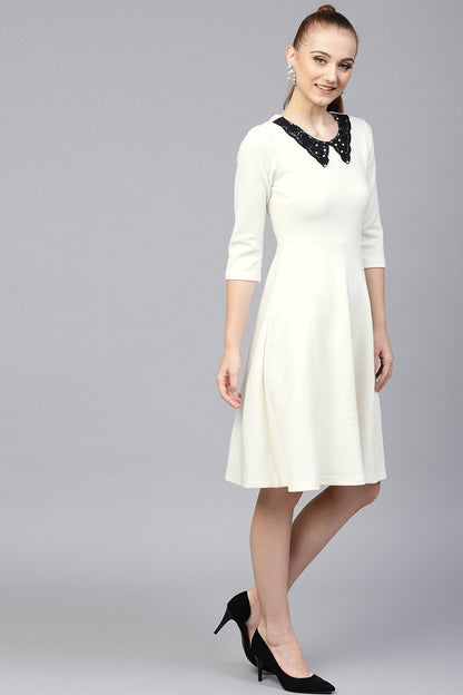 Women's Off White Scuba Lace Collar Midi Dress