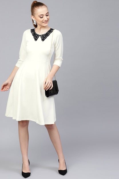 Women's Off White Scuba Lace Collar Midi Dress