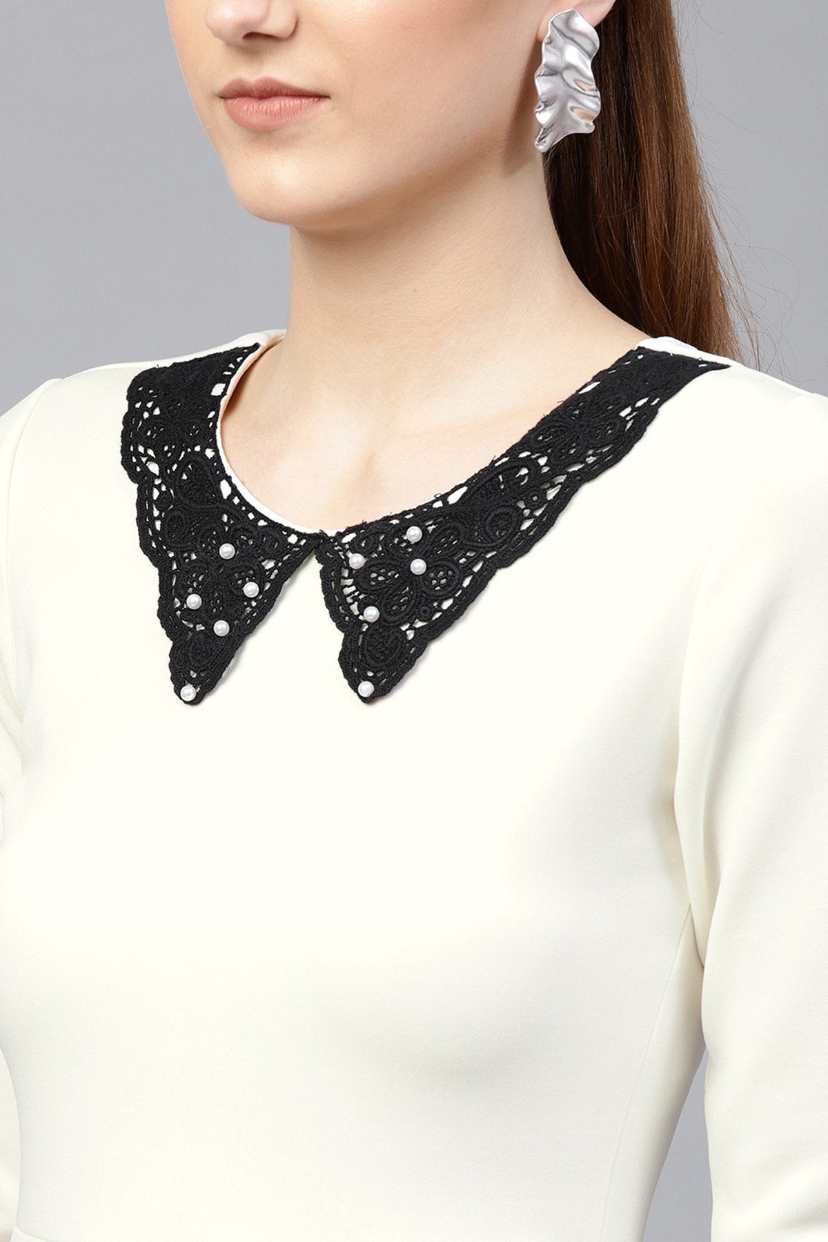 Women's Off White Scuba Lace Collar Midi Dress