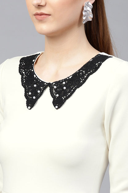 Women's Off White Scuba Lace Collar Midi Dress