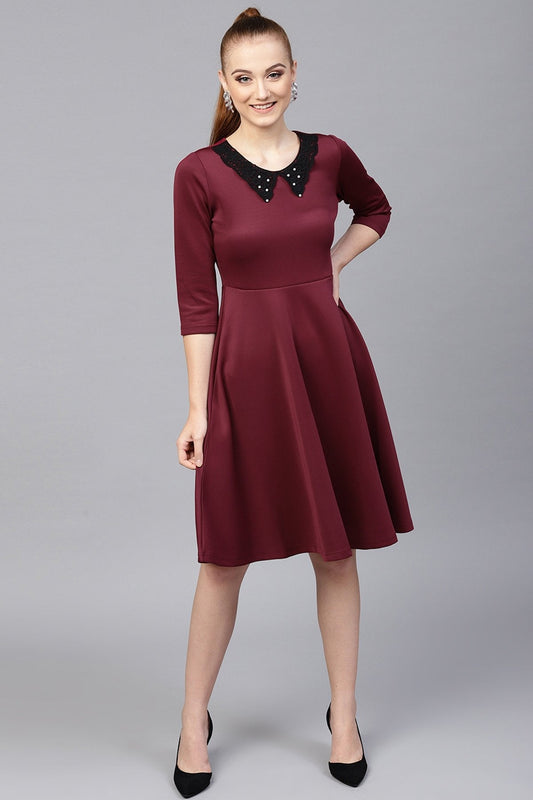 Women's Burgundy Scuba Lace Collar Midi Dress