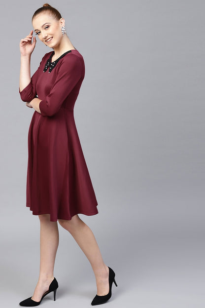 Women's Burgundy Scuba Lace Collar Midi Dress
