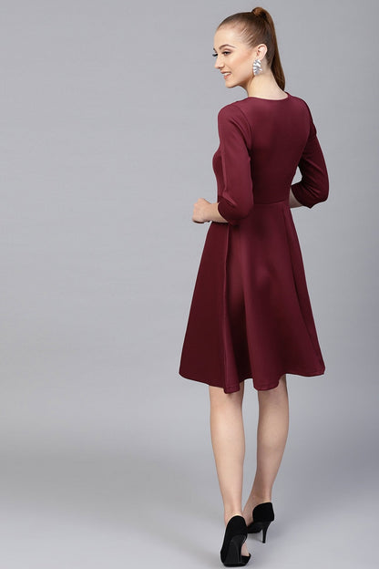 Women's Burgundy Scuba Lace Collar Midi Dress
