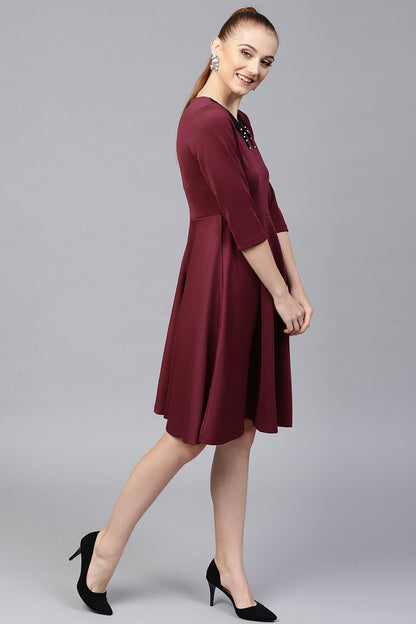 Women's Burgundy Scuba Lace Collar Midi Dress