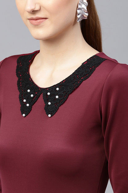 Women's Burgundy Scuba Lace Collar Midi Dress