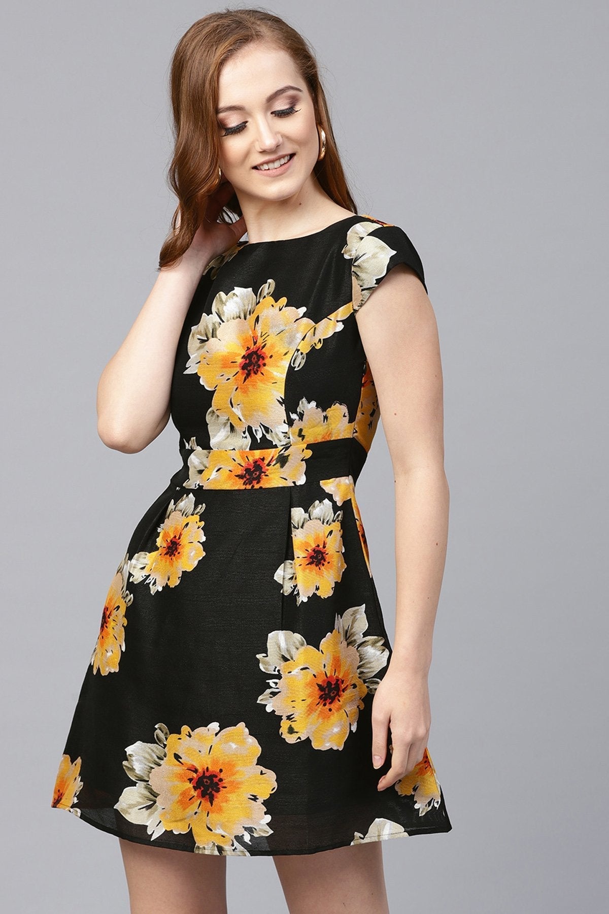 Women's Black Floral Silk Skater Dress