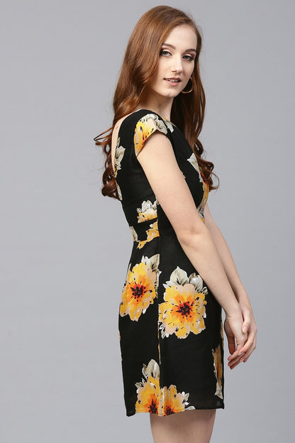 Women's Black Floral Silk Skater Dress