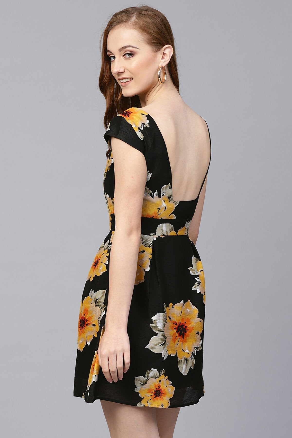 Women's Black Floral Silk Skater Dress