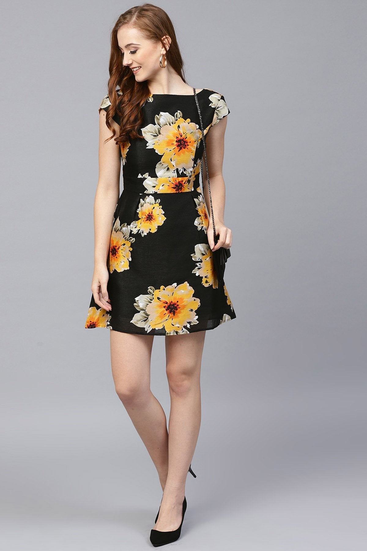 Women's Black Floral Silk Skater Dress