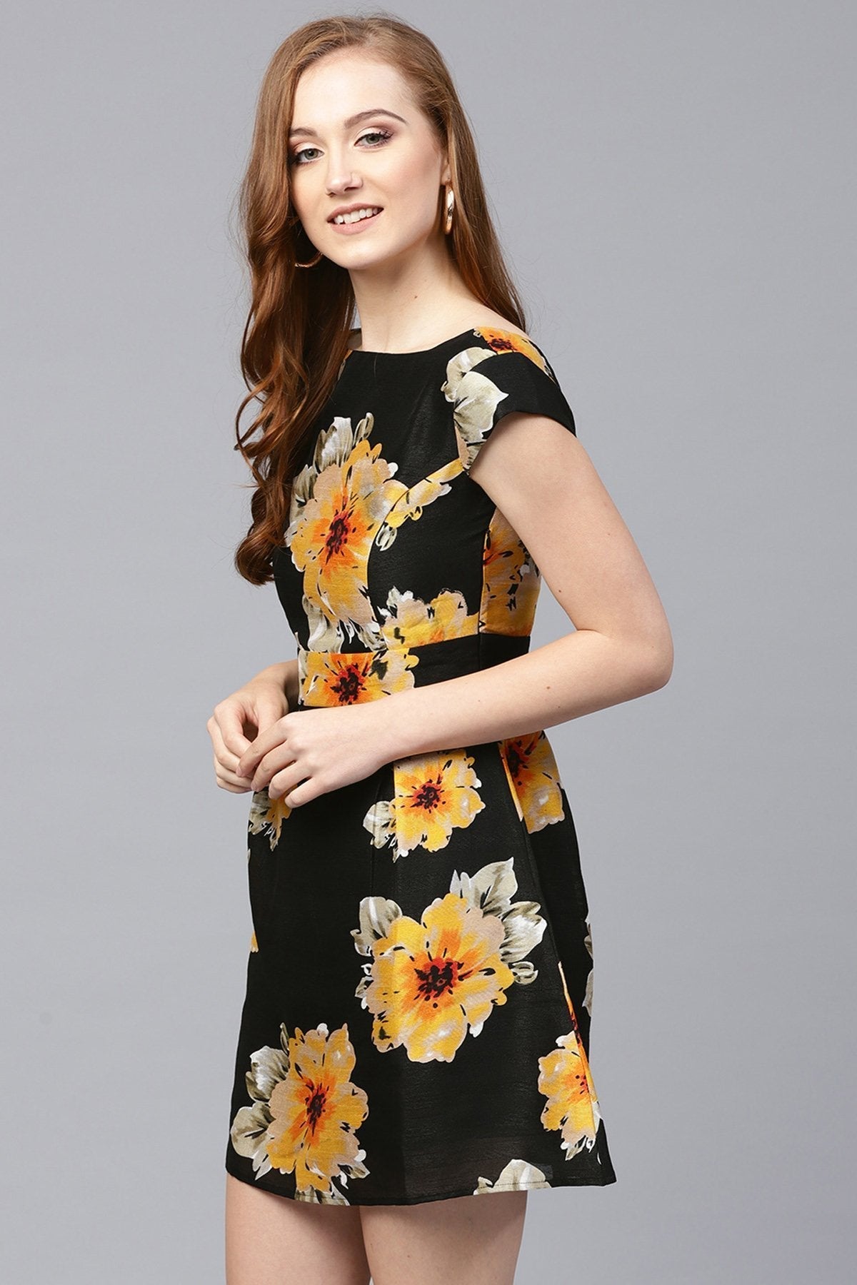 Women's Black Floral Silk Skater Dress