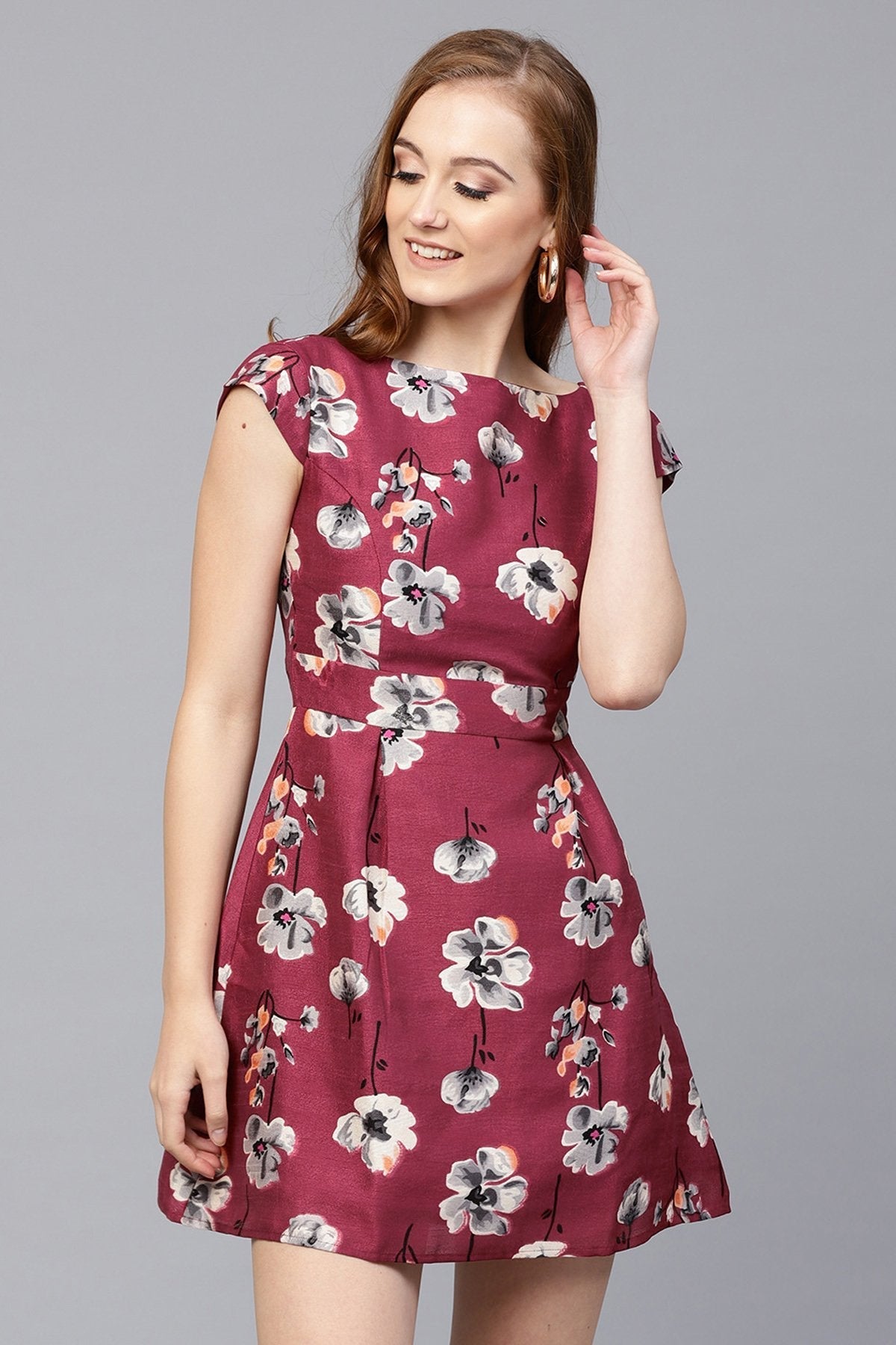 Women's Burgundy Floral Silk Skater Dress