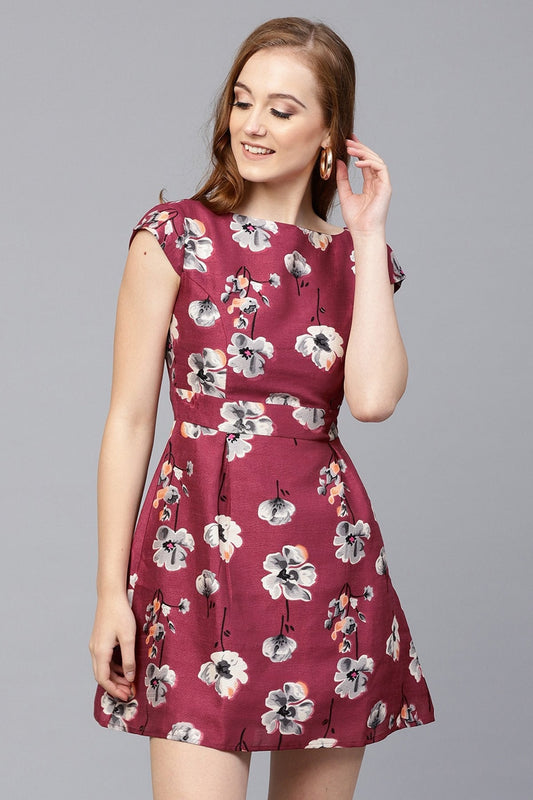 Women's Burgundy Floral Silk Skater Dress