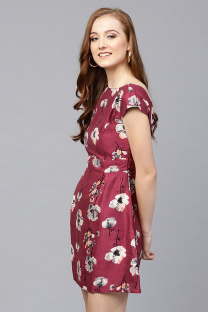 Women's Burgundy Floral Silk Skater Dress