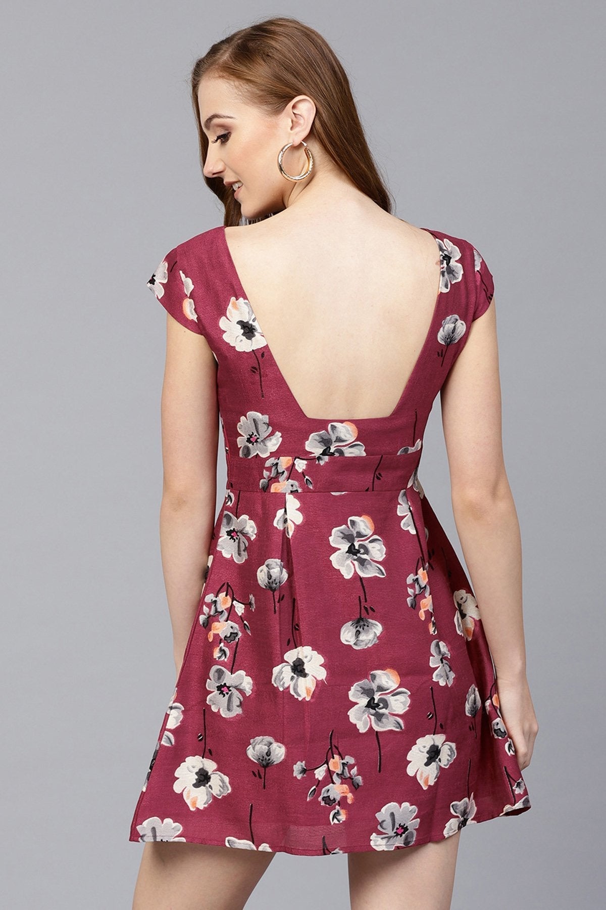 Women's Burgundy Floral Silk Skater Dress