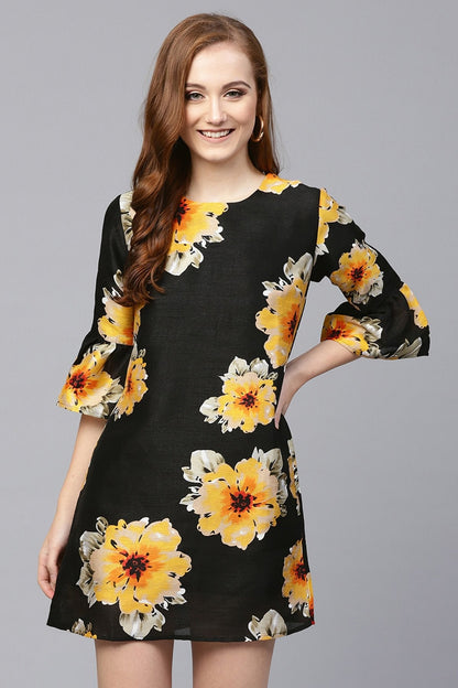 Women's Black Floral Silk Sleeve Ruffle Dress