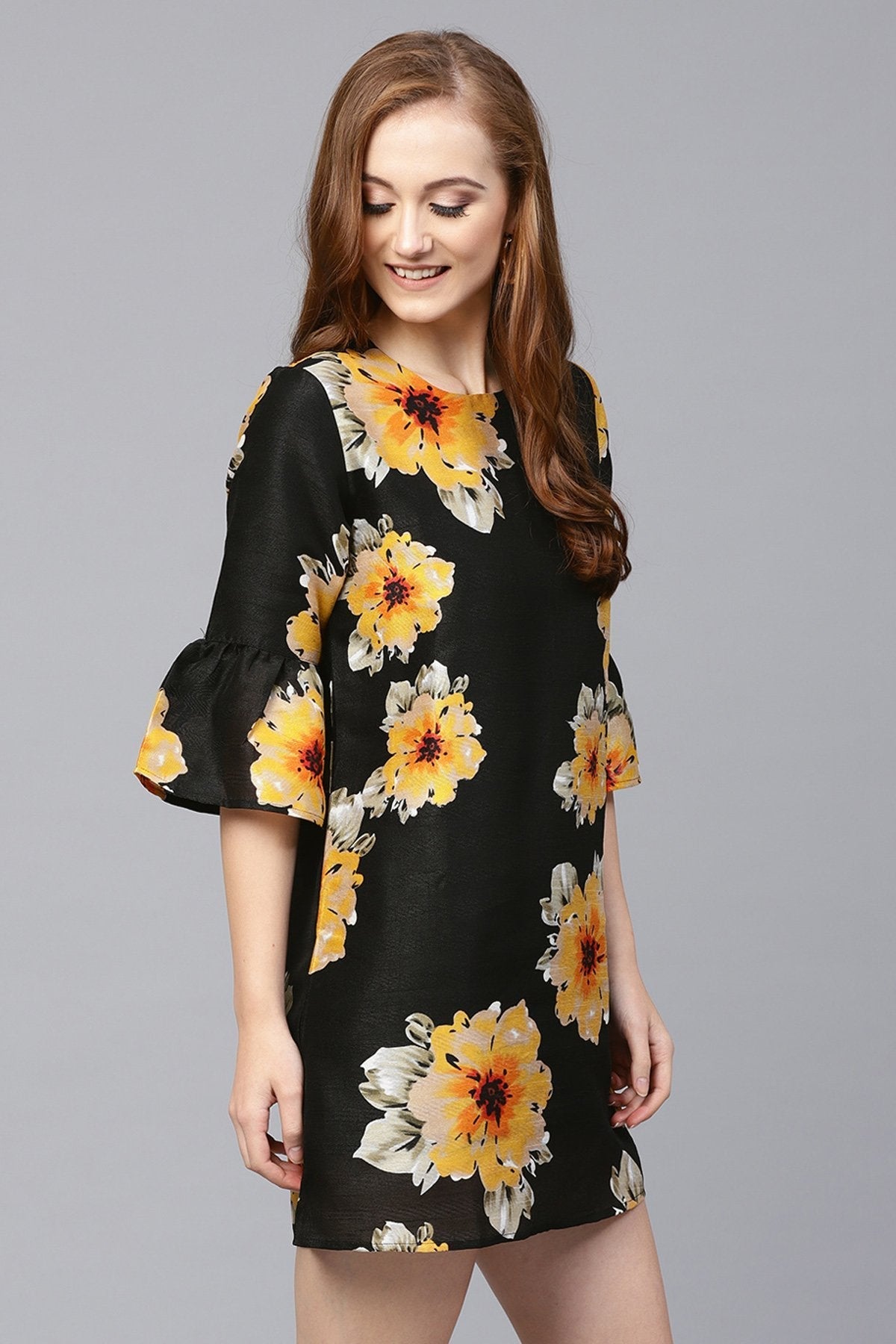 Women's Black Floral Silk Sleeve Ruffle Dress