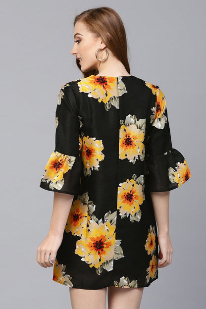 Women's Black Floral Silk Sleeve Ruffle Dress