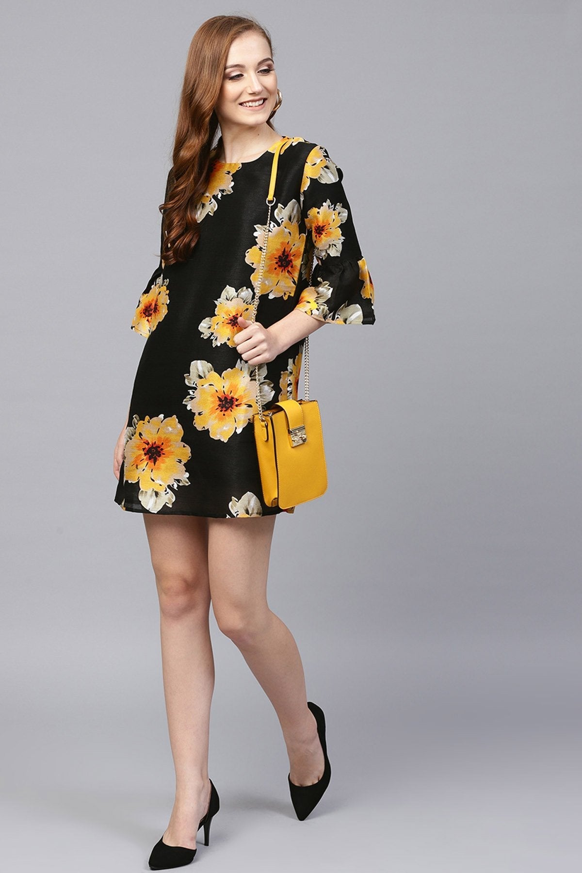 Women's Black Floral Silk Sleeve Ruffle Dress