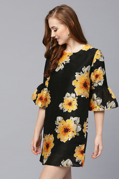 Women's Black Floral Silk Sleeve Ruffle Dress